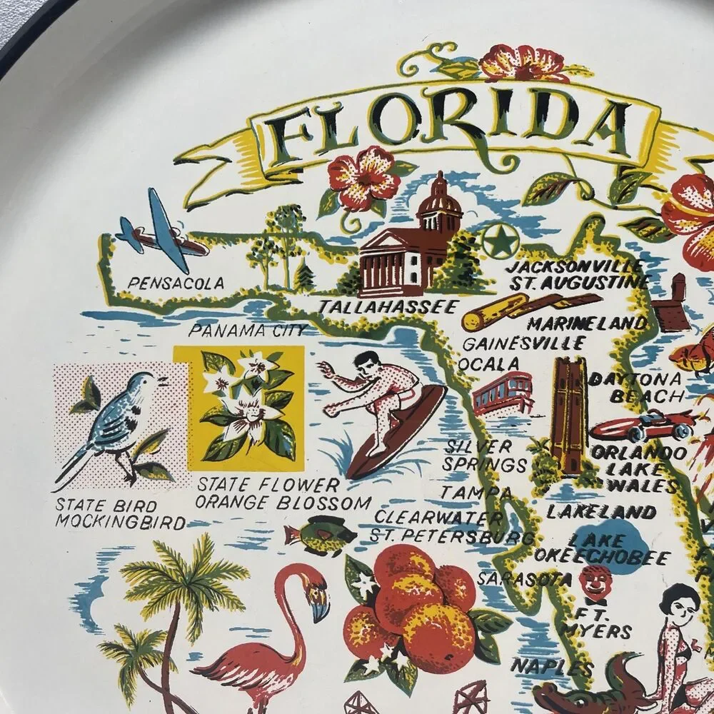 Large Hard Plastic Souvenir Florida Tray Map State Tourist 13